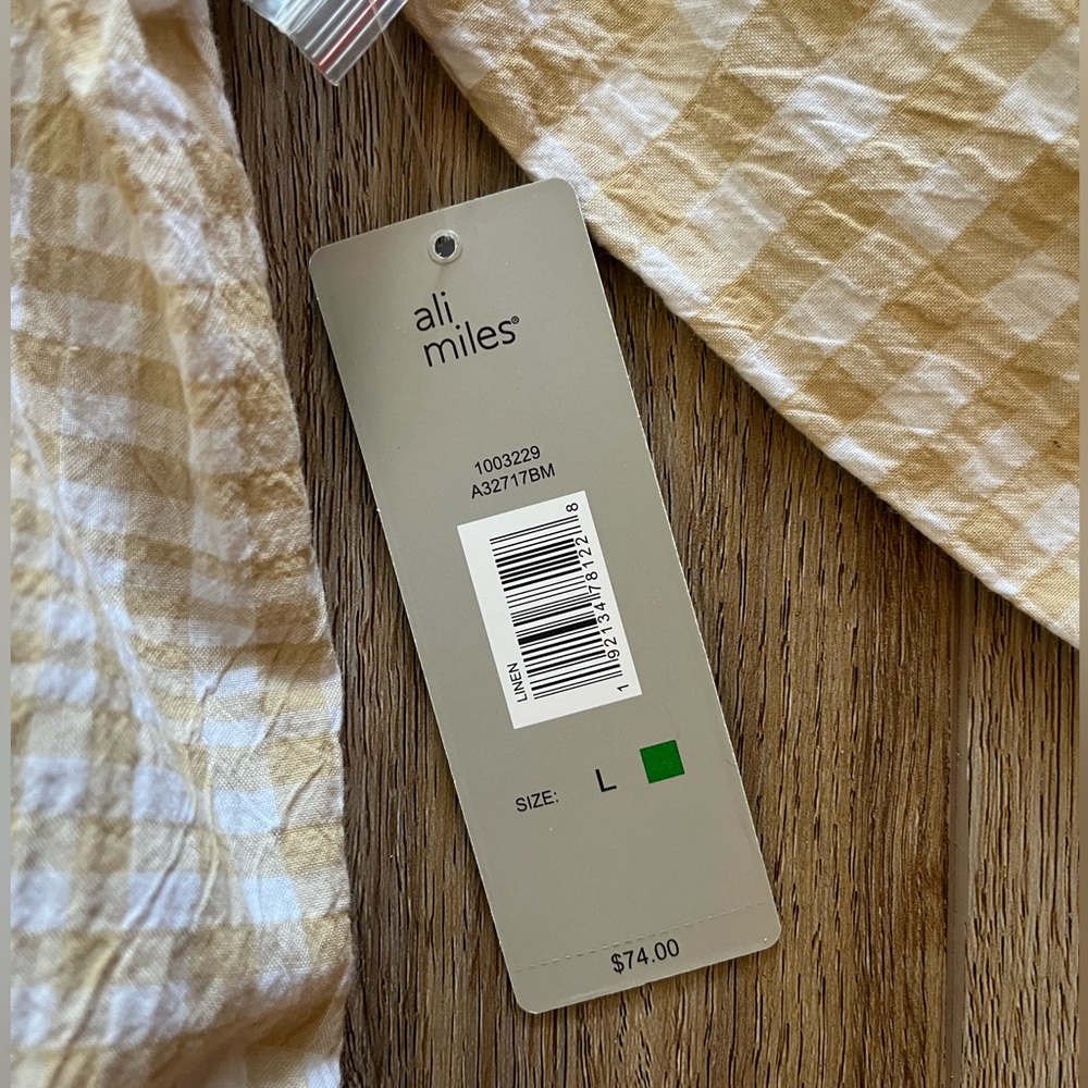 NWT Tan/ White Plaid Ali Miles Button-Down Shirt, Three-Quarter Sleeves - Picture 8 of 8